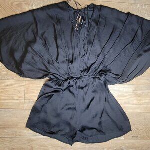Night On The Town Black Satin Kimono Romper